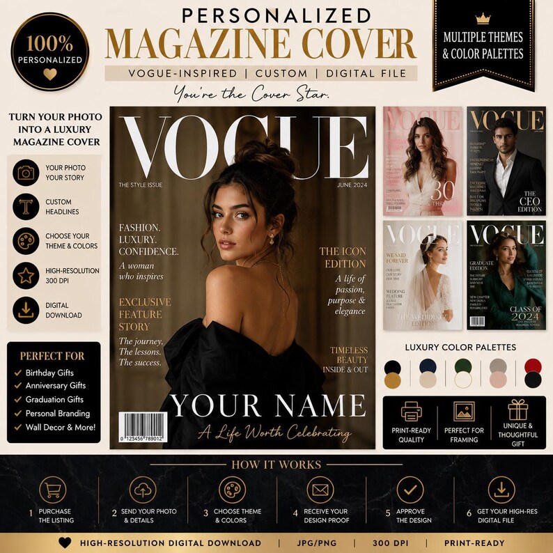 May include: A digital personalized magazine cover template featuring the title VOGUE, the text THE STYLE ISSUE, JUNE 2024, THE ICON EDITION, and YOUR NAME. The design includes a central portrait of a person in a black top, with four smaller sample covers.