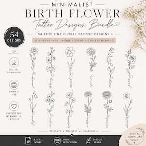 Puede incluir: Una descarga digital con 54 dise&ntilde;os minimalistas de tatuajes de flores de nacimiento. Cada dise&ntilde;o representa un mes del a&ntilde;o, con delicadas ilustraciones florales y el nombre del mes. La imagen incluye el texto "Descarga digital" y "Imprimir y usar".