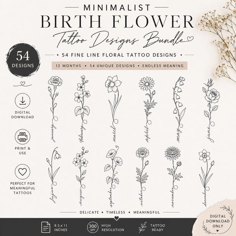 Puede incluir: Una descarga digital con 54 dise&ntilde;os minimalistas de tatuajes de flores de nacimiento. Cada dise&ntilde;o representa un mes del a&ntilde;o, con delicadas ilustraciones florales y el nombre del mes. La imagen incluye el texto "Descarga digital" y "Imprimir y usar".