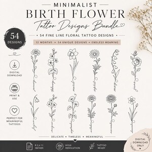 Puede incluir: Una descarga digital con 54 dise&ntilde;os minimalistas de tatuajes de flores de nacimiento. Cada dise&ntilde;o representa un mes del a&ntilde;o, con delicadas ilustraciones florales y el nombre del mes. La imagen incluye el texto "Descarga digital" e "Imprimir y usar".