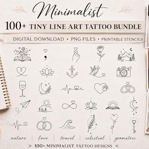 May include: A digital download bundle featuring over 100 black line art tattoo designs, including floral, celestial, and geometric motifs. The collection includes PNG files and printable stencils, displayed on a page with example images.