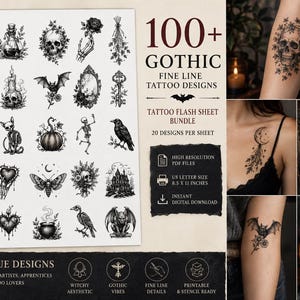 Halloween Gothic Fine Line Tattoo Designs | 100+ Halloween Tattoo Flash Sheet Bundle | Witchy Tattoo Stencils | Printable Digital PDF |