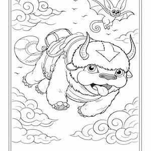May include: Black and white line art illustration of a flying bison with an arrow on its head, a saddle, and a small bat-winged creature. The bison is flying through clouds, with birds in the sky.