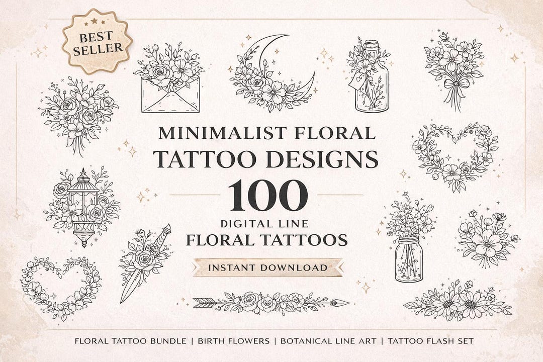 Minimalist Floral Tattoo Designs Bundle | 100 Fine Line Botanical ...