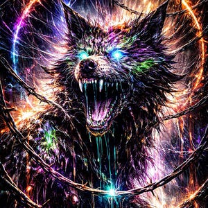 May include: Digital art of a snarling wolf with glowing blue eyes and an open mouth, revealing sharp teeth. The wolf is surrounded by barbed wire and a colorful, glowing halo. The artwork features vibrant colors and a dark, dramatic theme.