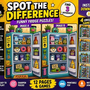 May include: A colorful digital download featuring a "Spot the Difference" game with two cartoon refrigerators filled with quirky food items. The image includes text such as "Funny Fridge Puzzles!" and "4 Games in 1 PDF!" with additional icons and text.