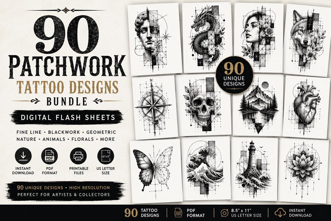 Patchwork Tattoo Designs Bundle | 90 Fine Line Tattoo Flash Sheets ...