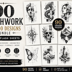Op de afbeelding: Een bundel van 90 patchwork tattoo ontwerpen, digitale flash sheets, met fijne lijnen, blackwork, geometrische, natuur, dieren en bloemen ontwerpen. Printbare bestanden in US letter formaat.
