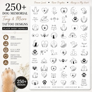 May include: A digital flash sheet bundle featuring over 250 black and white dog memorial tattoo designs. The collection includes line art illustrations of dogs, paw prints, hearts, halos, wings, and text like Forever Loved and Never Forgotten.