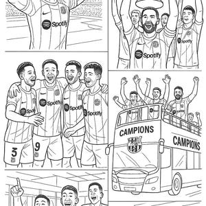 May include: Black and white line art depicting football players celebrating a win. The image shows players holding a trophy, cheering, and on a bus with "CAMPIONS". The team jerseys feature the Spotify logo.