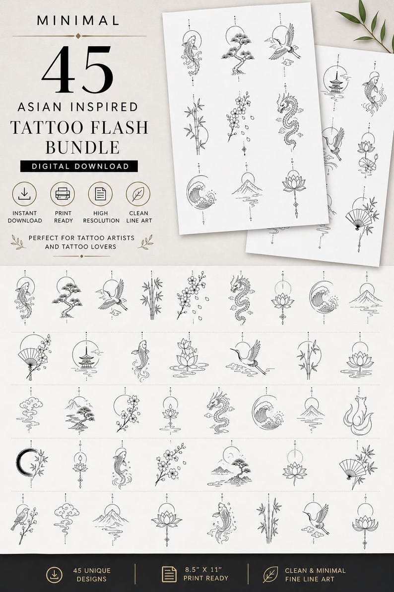 Minimal Fine Line Tattoo Flash Sheet Bundle – 45 Asian Inspired Designs ...