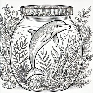 Puede incluir: Un dibujo en blanco y negro de un delfín nadando en un frasco de vidrio. El frasco está lleno de agua y algas marinas. El delfín está saltando fuera del agua.