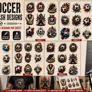 Soccer Tattoo Flash Designs PDF | 45 Football Tattoo Flash Sheet Bundle | American Traditional & Neo Traditional Tattoo Designs | Digital