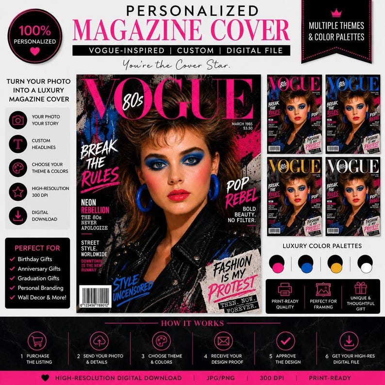 May include: A digital personalized magazine cover template featuring a 1980s-inspired aesthetic. The main image shows a person with bold blue eyeshadow and large blue hoop earrings, wearing a black leather jacket. Text includes VOGUE, 80s, BREAK THE RULES, POP REBEL, and FASHION IS MY PROTEST.