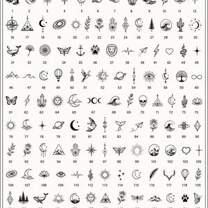 Peut inclure: Une planche de flash imprimable avec 150 petits motifs de tatouage. Les illustrations en noir et blanc comprennent des corps célestes, des animaux, des symboles et des éléments naturels. Téléchargement numérique avec accès instantané.