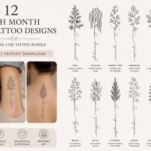May include: A digital collection of 12 birth month tree tattoo designs featuring black fine line botanical illustrations. The set includes labels for each month and tree type, with example images showing the tattoos applied to skin.