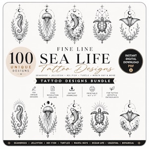 May include: A digital collection of 100 fine line sea life tattoo designs featuring black ink illustrations of seahorses, jellyfish, koi fish, turtles, and manta rays. The layout includes celestial and botanical elements with text labels.