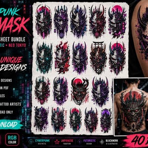 Cyberpunk Oni Mask Tattoo Flash Sheet Bundle 7 PDF | Japanese Futuristic Tattoo Designs | Neo Tokyo Blackwork Tattoos | Sci-Fi | 40 Designs