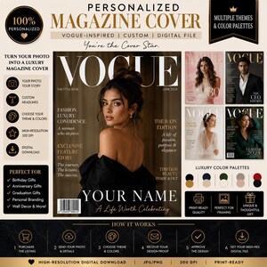 May include: A digital personalized magazine cover template featuring the title VOGUE, the text THE STYLE ISSUE, JUNE 2024, THE ICON EDITION, and YOUR NAME. The design includes a central portrait of a person in a black top, with four smaller sample covers.