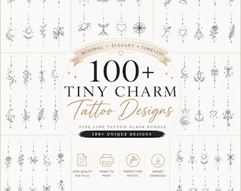 Puede incluir: Una colección de más de 100 diseños de tatuajes pequeños con ilustraciones de líneas finas en tinta negra de lunas, estrellas, flores, corazones y símbolos celestiales. La hoja digital incluye páginas imprimibles de 21,6 cm por 27,9 cm.