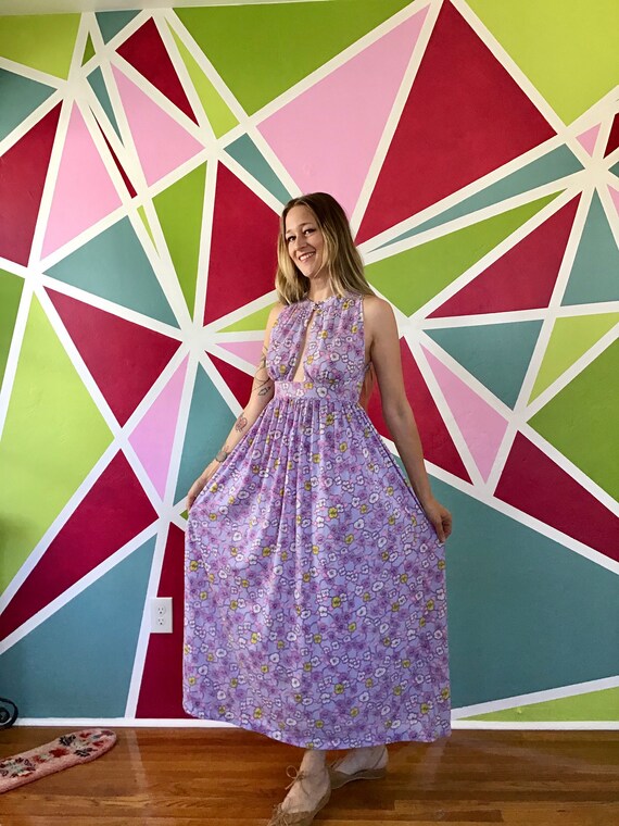 1960s sz S Keyhole Purple Floral Nylon maxi Slip D