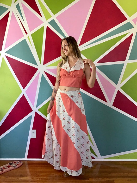 1970s Women's Bias Cut Maxi Swirl Skirt & Halter S