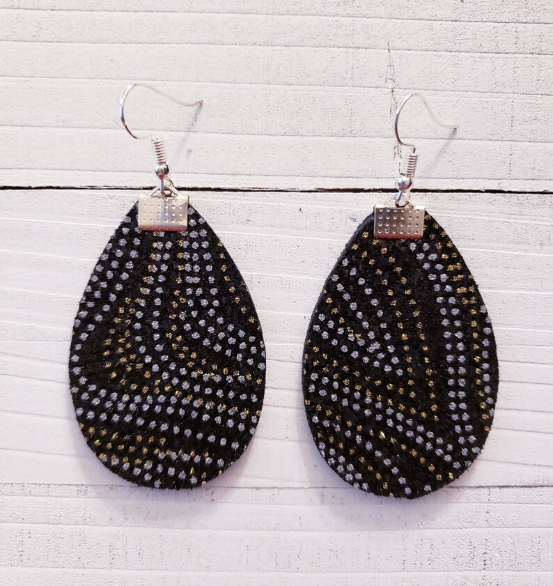 Black with Silver and Gold Swirls Genuine Leather Teardrop Earrings