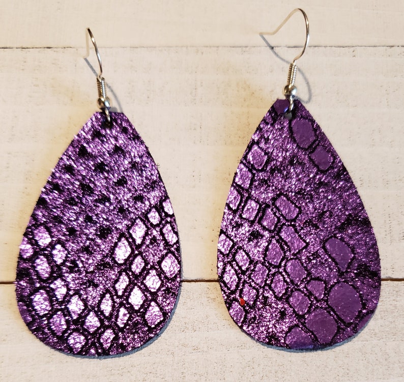 Metallic Purple Python Genuine Leather Teardrop Earrings