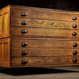 Antique Double Stack Wooden Flat File Cabinet with Hairpin Legs