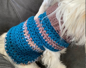 Sapphire Blue and Grey Striped Dog Sweater, Small Dog Sweater, Handmade Crochet