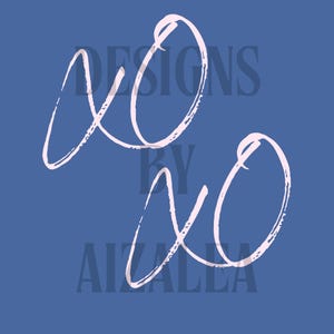 May include: A blue background with the words "DESIGNS BY AIZALLA" in a darker blue font. Two large, cursive "xo" symbols are in a light pink color, overlaying the text. The overall design is simple and modern.