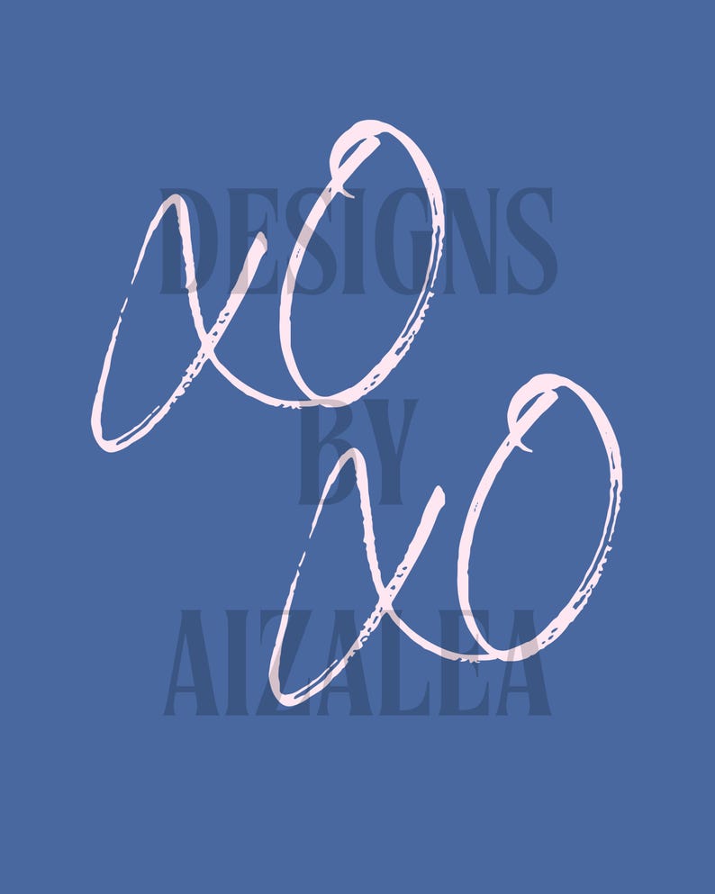 May include: A blue background with the words "DESIGNS BY AIZALLA" in a darker blue font. Two large, cursive "xo" symbols are in a light pink color, overlaying the text. The overall design is simple and modern.