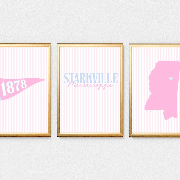 Preppy Starkville Digital Print Set! (Pink & Blue) | Set of 3 Digital Prints | Miss State | College Town | INSTANT DOWNLOADS