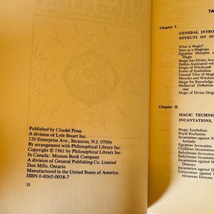 May include: Open book with text about magic, including chapter titles and subheadings. The book is published by Citadel Press and includes the ISBN. The pages are yellowed with age.