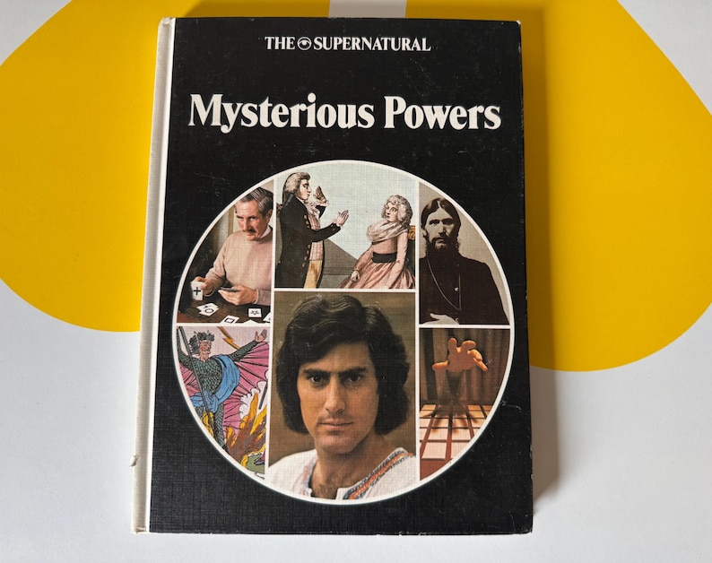 May include: A vintage book titled "Mysterious Powers" with a black cover and white text. The cover features a circular collage of images, including portraits and illustrations. The book's title is in large, bold letters.