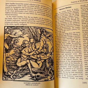 May include: A black and white medieval woodcut illustration titled "Witches Assembled." The image depicts several figures, some nude, in a chaotic scene with a large vase. The artwork is from the "Treasury of Witchcraft."