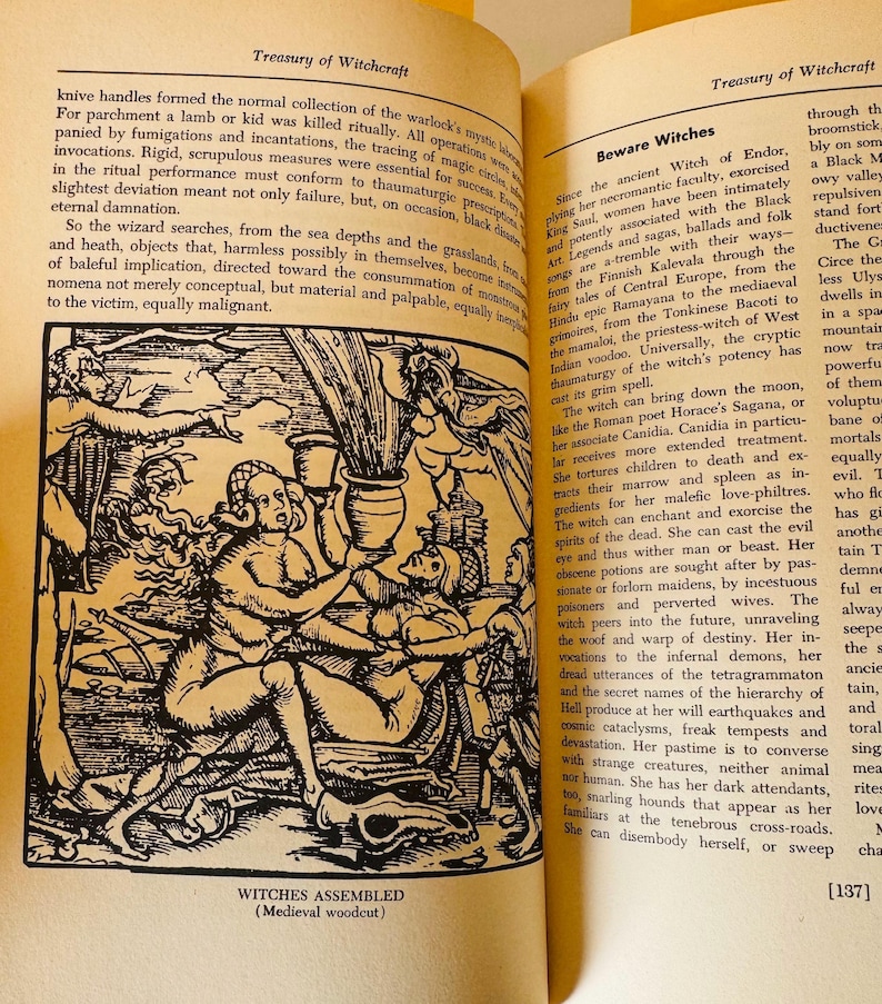 May include: A black and white medieval woodcut illustration titled "Witches Assembled." The image depicts several figures, some nude, in a chaotic scene with a large vase. The artwork is from the "Treasury of Witchcraft."