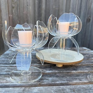 Vintage Acrylic Lucite Lotus Flower Candlestick Tea Light Candle Holders Set of 2