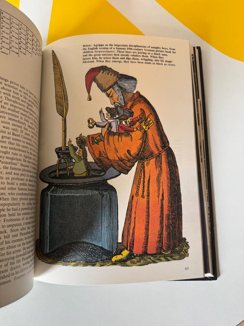 May include: An illustration from a vintage book depicts a robed figure with a tall hat, holding small figures. The figure is leaning over a large inkwell. The image is in shades of orange, black, and white, with text in the background.