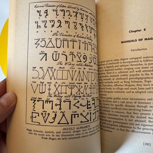 May include: Open book with pages displaying occult alphabets and symbols. The left page features various esoteric characters and writings, while the right page contains text about witchcraft and magic. The book is from the early nineteenth century.