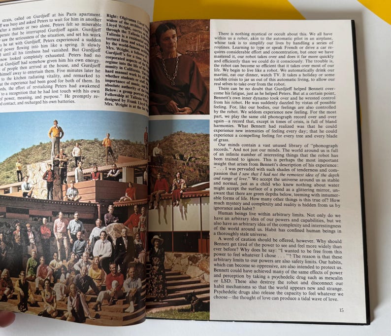 May include: An open book with images and text. One image shows a woman in a brown dress. Another shows a group of people on a rooftop. The text discusses the human experience and the limits of perception.