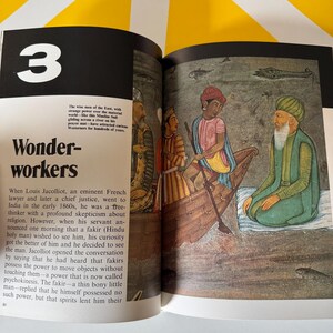 May include: An open book with the number 3 in a large white font. The page features an illustration of people in a boat, with text describing a historical event. The illustration depicts figures in traditional clothing, with a serene river scene.