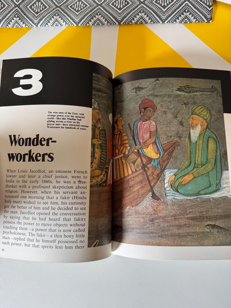 May include: An open book with the number 3 in a large white font. The page features an illustration of people in a boat, with text describing a historical event. The illustration depicts figures in traditional clothing, with a serene river scene.