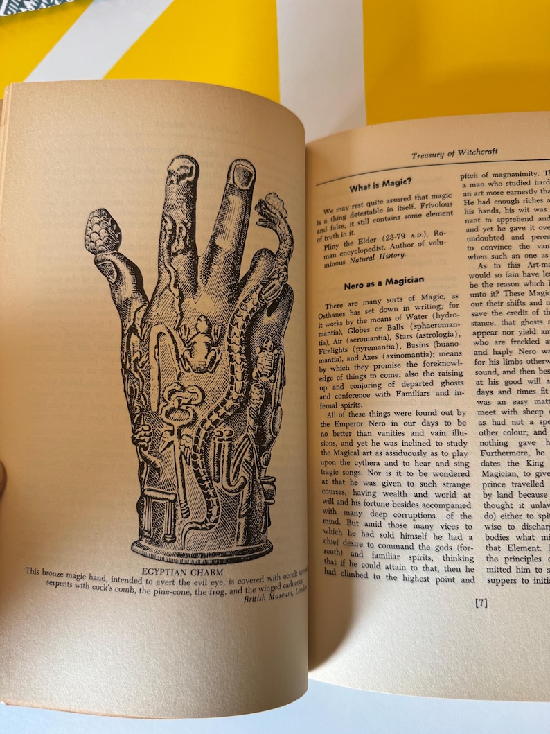 May include: Bronze sculpture of a hand, detailed with serpents, a pine cone, and a frog. The text "EGYPTIAN CHARM" is included, describing the hand's purpose to avert the evil eye. The image is from the British Museum.