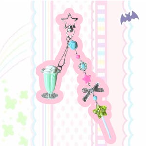 Mint ice cream Dessert Charm Keychain with Star Wand & Beads – Japanese Kawaii Accessories