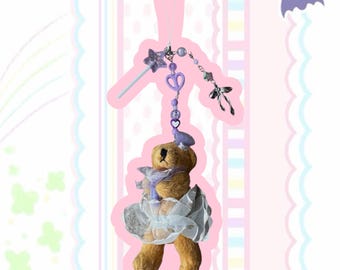 Kawaii Bear Phone charm –  Plush + Pastel Beads Keychain