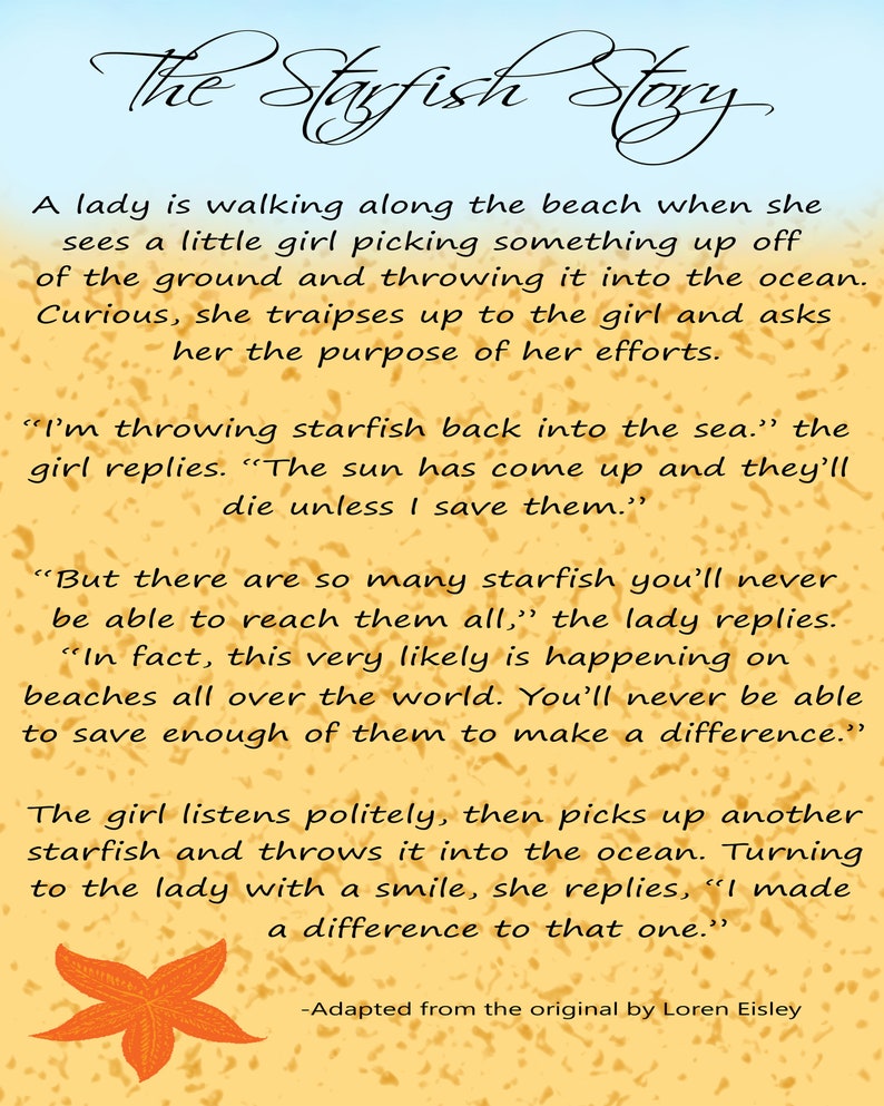 The Starfish Story, art print, instant download, coastal decor, inspiring, encouragement, printable decor, beach wall art, made a difference image 1