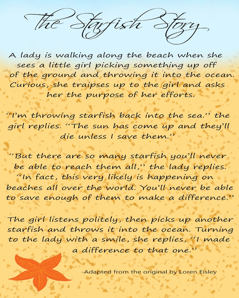 The Starfish Story, art print, instant download, coastal decor, inspiring, encouragement, printable decor, beach wall art, made a difference image 1