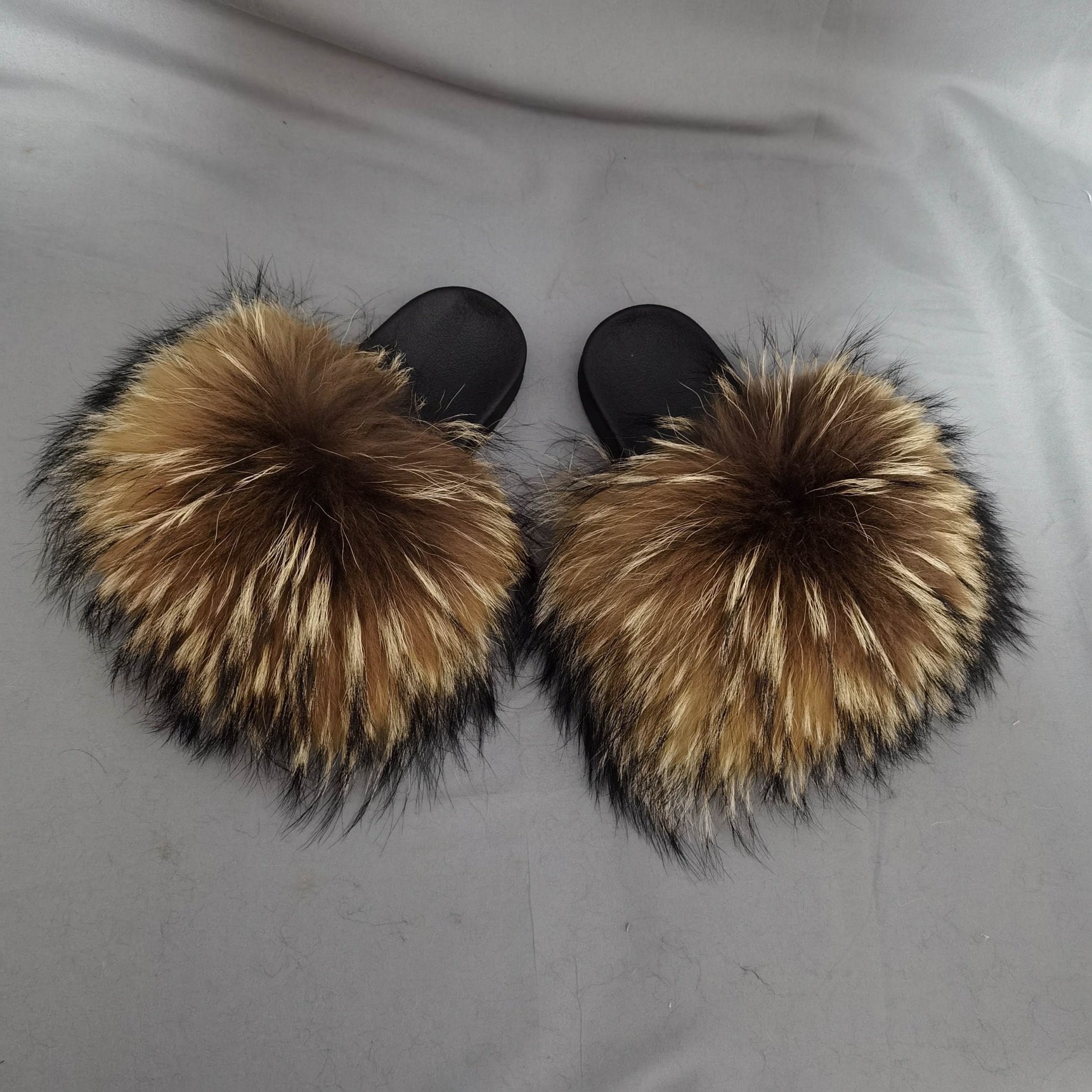 Fashion luxury raccoon fur slides Etsy