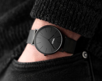 Relógio masculino minimalista totalmente preto – Pulseira de malha preta fosca – Moderno, presente para ele